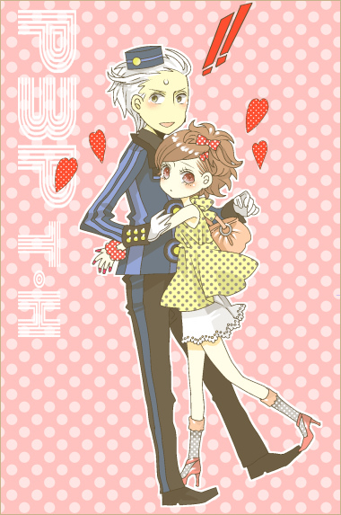 1boy, 1girl, bag, blush, bow, boxxx82, brown_hair, couple, dress, female_protagonist_(persona_3), garrison_cap, hat, heart, high_heels, hug, persona, persona_3, persona_3_portable, polka_dot, polka_dot_background, ponytail, ribbon, short_hair, sou_(boxxx82), sweatdrop, teodor, white_hair