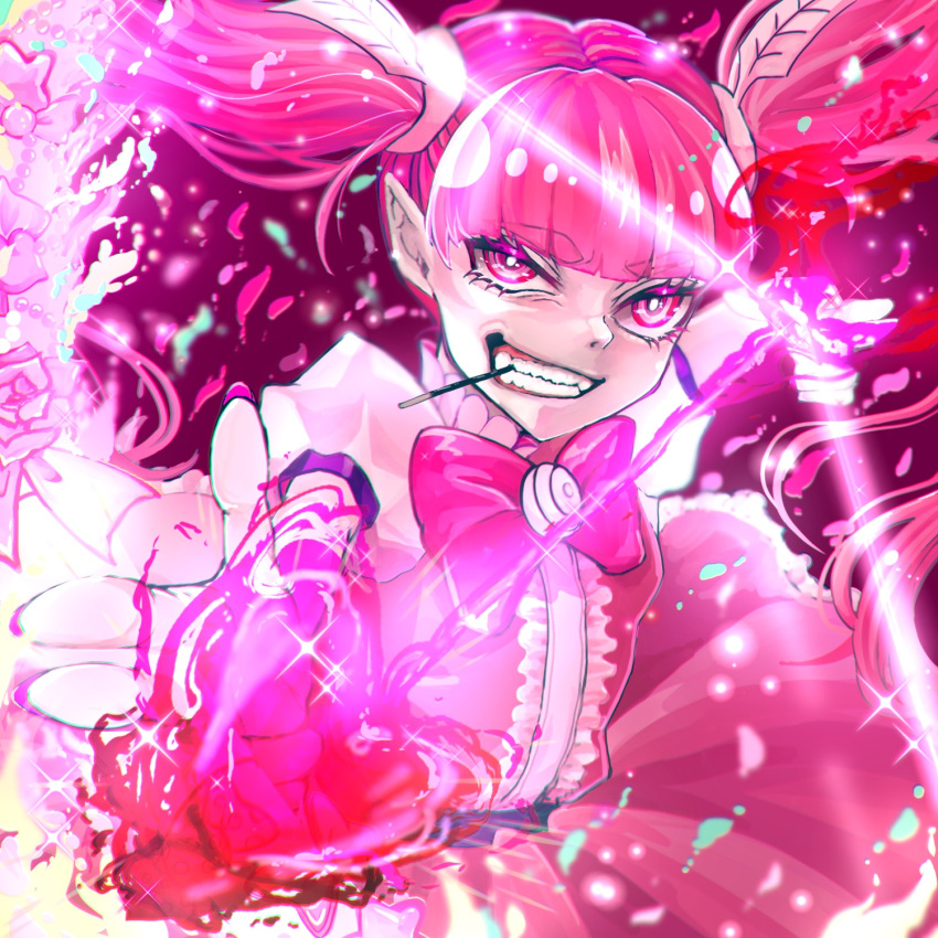 1girl, arrow_(projectile), barbatos_bachiko, blunt_bangs, bow, bow_(weapon), dress, frilled_dress, frills, highres, looking_at_viewer, magic, mairimashita!_iruma-kun, mouth_hold, pink_bow, pink_dress, pink_eyes, pink_hair, pointy_ears, red_background, solo, syun_(ginmone), teeth, twintails, weapon
