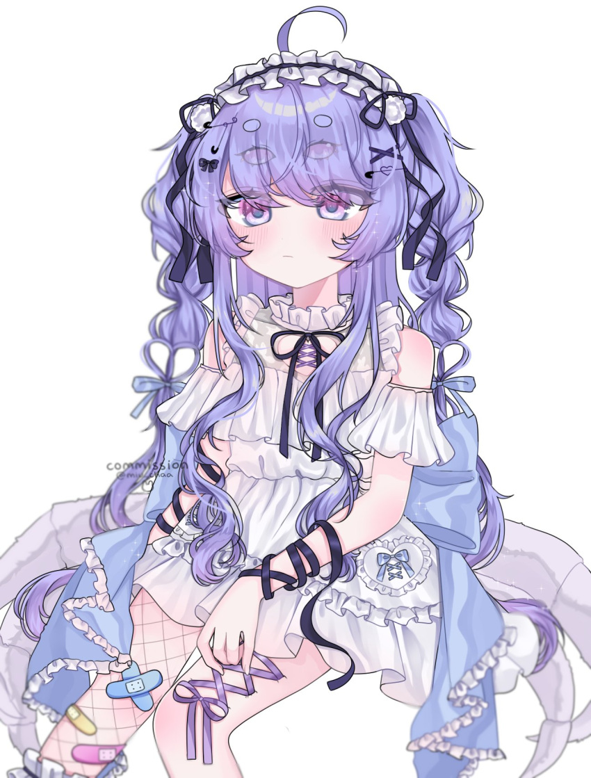 1girl, amiya_aranha, amiya_aranha_(1st_costume), arthropod_limbs, bandaid, bandaid_on_leg, black_bow, black_ribbon, blush, bow, commission, cowlick, detached_sleeves, dress, english_commentary, expressionless, extra_eyes, eyes_visible_through_hair, flat_chest, hair_bow, hair_ribbon, hairband, highres, indie_virtual_youtuber, lolita_hairband, long_hair, looking_at_viewer, miu_chaa, purple_ribbon, ribbon, safety_pin, short_sleeves, sitting, solo, two_side_up, very_long_hair, violet_eyes, virtual_youtuber, watermark, white_background, white_dress, white_hairband