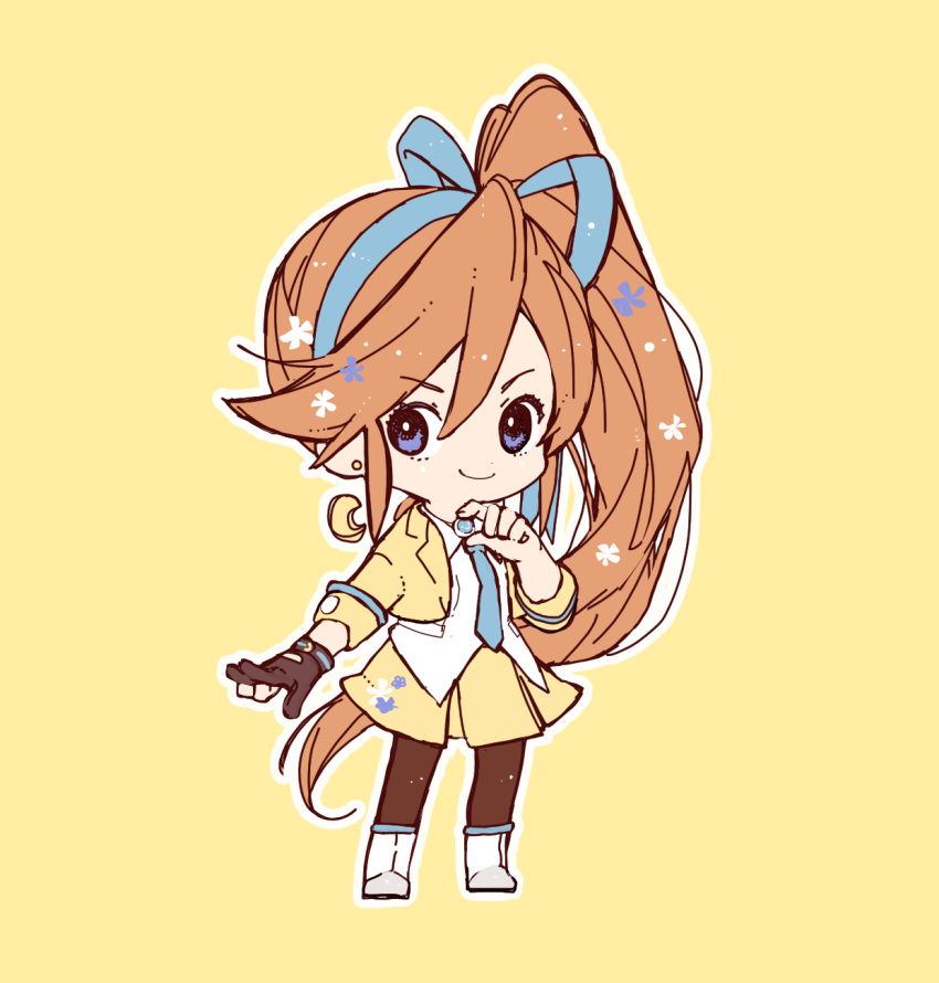 >:), 1girl, ace_attorney, arm_at_side, athena_cykes, black_gloves, blue_eyes, blue_necktie, blue_ribbon, boots, brown_pantyhose, chibi, closed_mouth, collared_shirt, cropped_jacket, earrings, full_body, gloves, hair_ribbon, hand_up, highres, jacket, jewelry, legs_apart, long_hair, looking_at_viewer, miniskirt, necklace, necktie, no_nose, orange_hair, outline, pantyhose, partially_fingerless_gloves, ribbon, ruhuna_02, shirt, side_ponytail, simple_background, single_glove, skirt, sleeve_cuffs, smile, solo, standing, swept_bangs, untucked_shirt, v-shaped_eyebrows, very_long_hair, white_footwear, white_outline, white_shirt, yellow_background, yellow_jacket, yellow_skirt