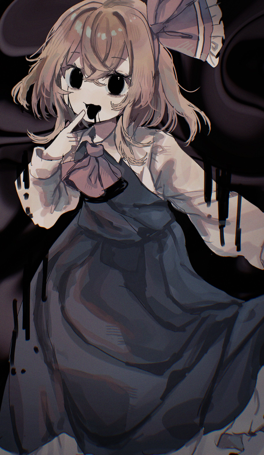 1girl, absurdres, ascot, black_eyes, black_skirt, black_tongue, black_vest, blonde_hair