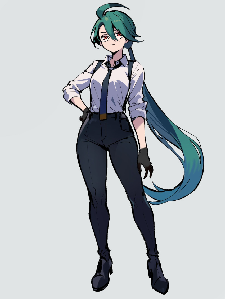 1girl, belt, black_footwear, black_gloves, black_pants, closed_mouth, collared_shirt, commentary_request