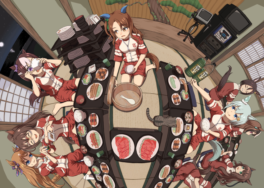 6+girls, animal_ears, aqua_eyes, architecture, bowl, brown_eyes, brown_hair, cat