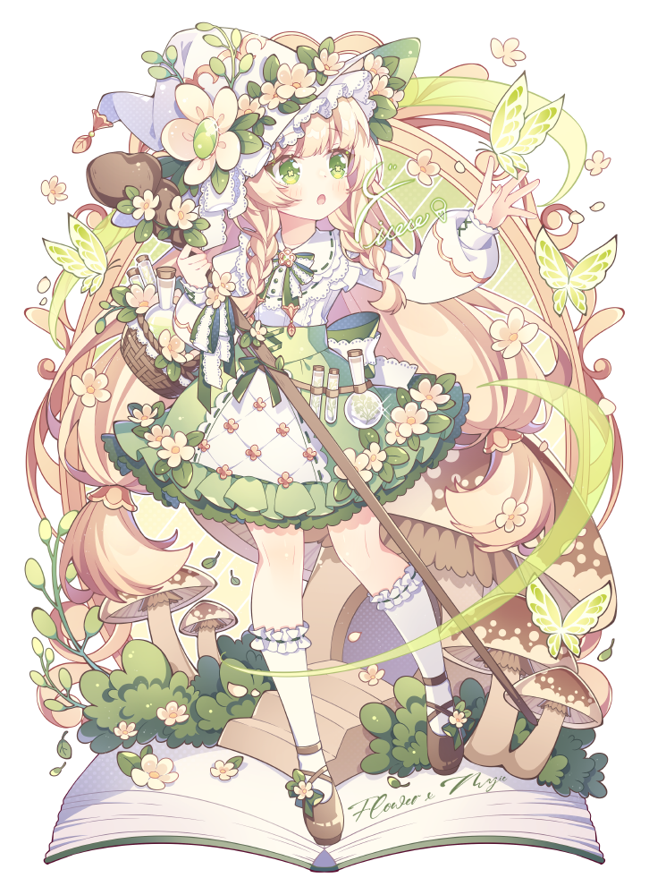 1girl, blonde_hair, braid, bug, butterfly, flower, flower_ornament, frilled_skirt