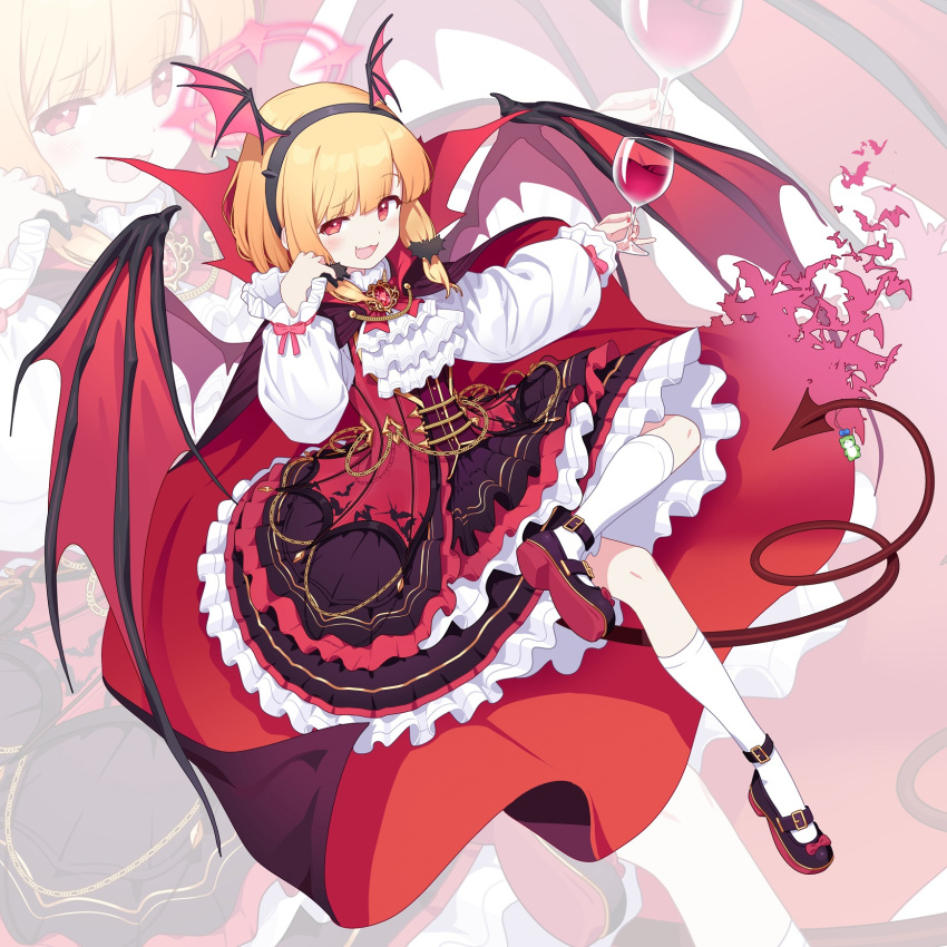 1girl, :3, alcohol, alternate_costume, bat_hair_ornament, black_footwear, blonde_hair, blue_archive