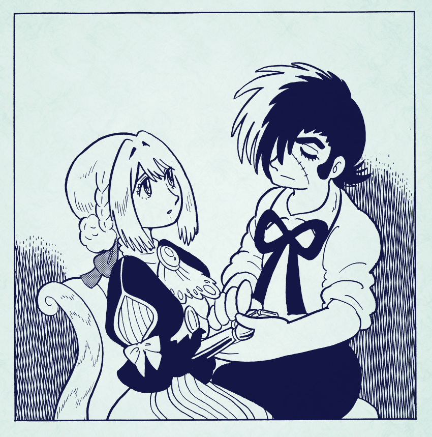 1boy, 1girl, absurdres, ascot, black_jack_(character), black_jack_(series), border, bow, bowtie, braid, brooch, chair, closed_eyes, closed_mouth, collared_shirt, commentary, crossover, dress, hair_between_eyes, hair_ribbon, highres, holding_hands, jewelry, long_sleeves, looking_at_another, mechanical_arms, monochrome, multicolored_hair, pants, parted_lips, prosthesis, prosthetic_hand, puffy_sleeves, ribbon, scar, scar_on_face, shirt, short_hair, short_sleeves, simple_background, sitting, split-color_hair, tanaka_keiichi, tezuka_osamu_(style), violet_evergarden, violet_evergarden_(series)
