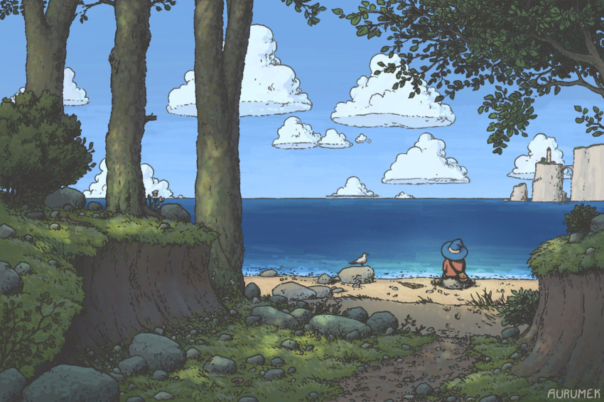 1other, artist_name, aurumek, bag, beach, bird, blue_headwear, blue_sky