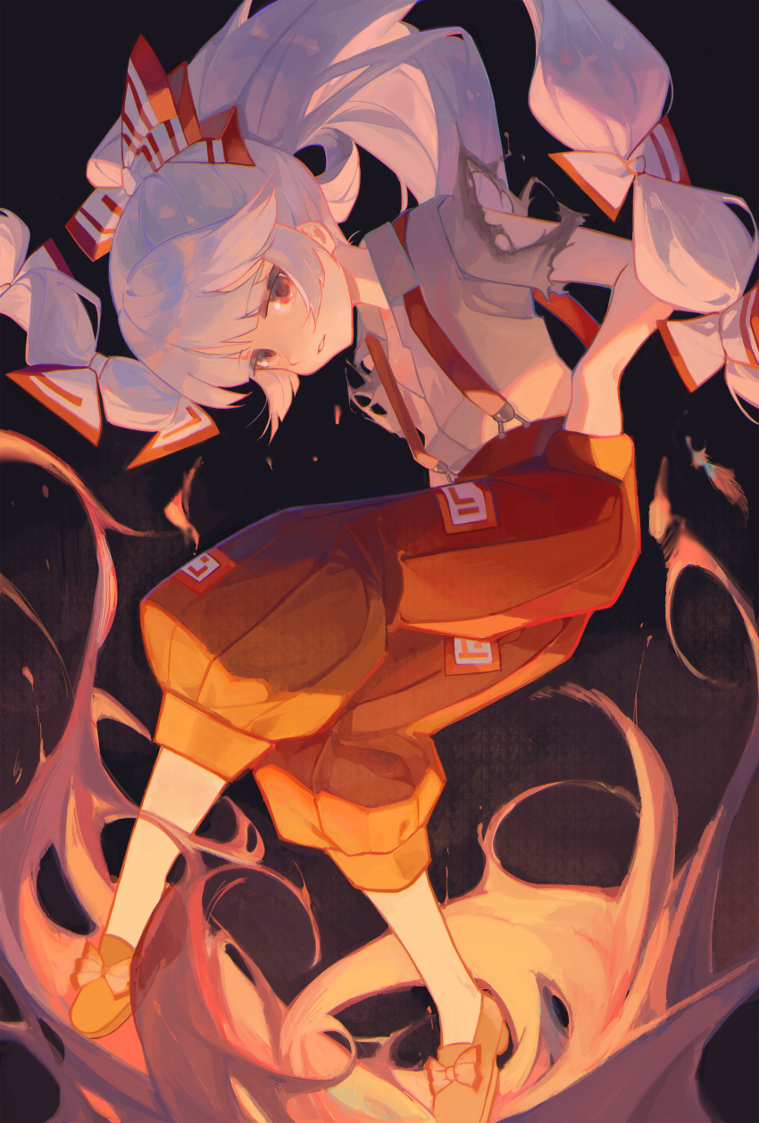 1girl, absurdres, black_background, bow, burnt_clothes, cindy717, fire, fujiwara_no_mokou