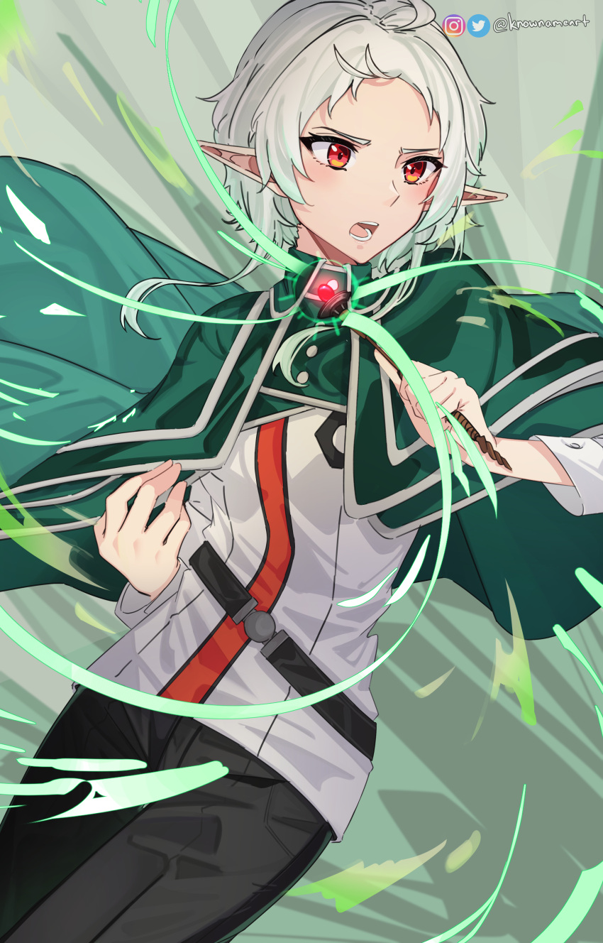 1girl, absurdres, black_pants, casting_spell, cloak, elf, green_cloak, highres