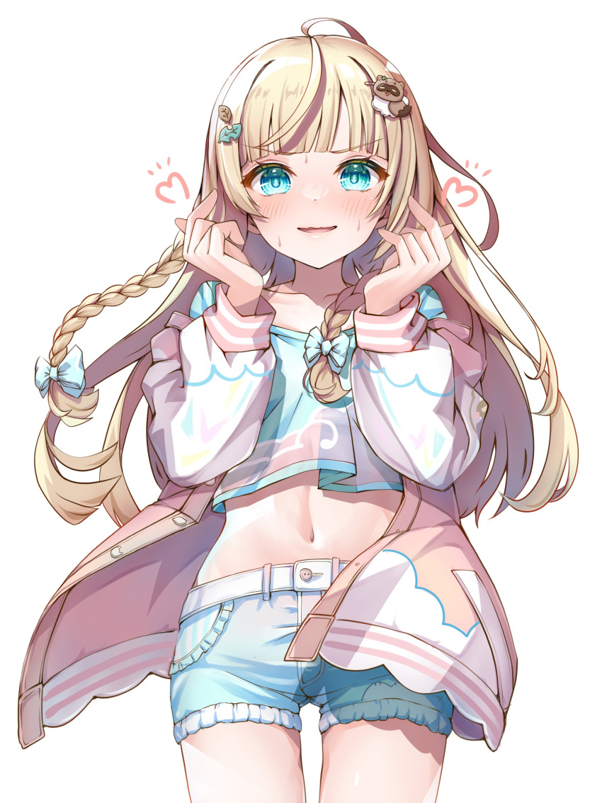 1girl, absurdres, belt, blonde_hair, blue_eyes, blue_shorts, blush, braid