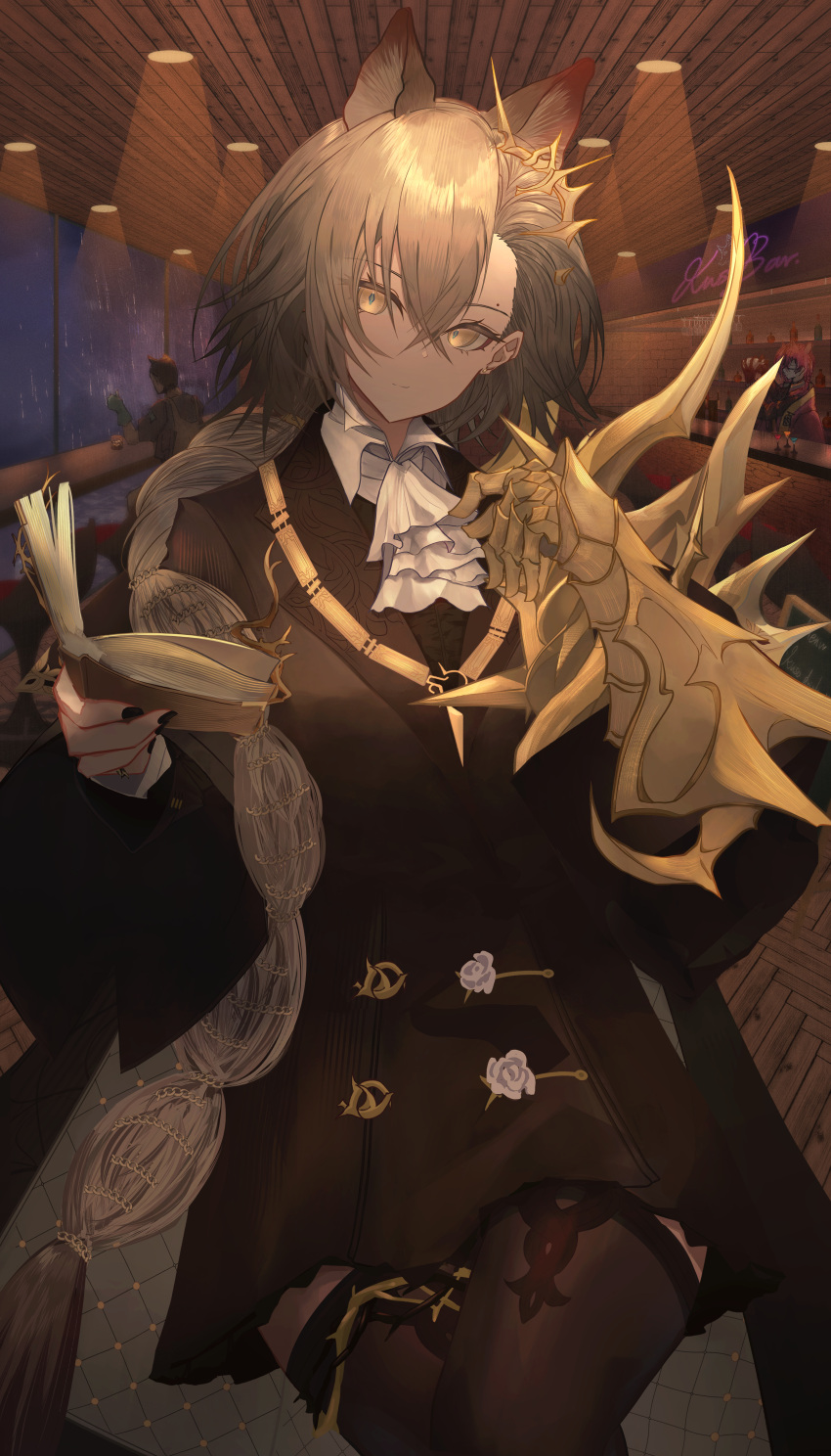 1girl, absurdres, animal_ears, arknights, ascot, bar_(place), black_coat, black_nails