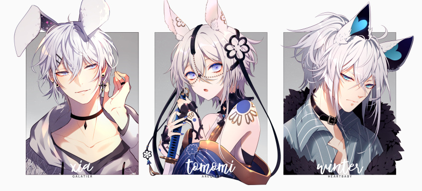 3boys, :o, animal_ear_fluff, animal_ears, bare_shoulders, beads, belt_buckle, bishounen