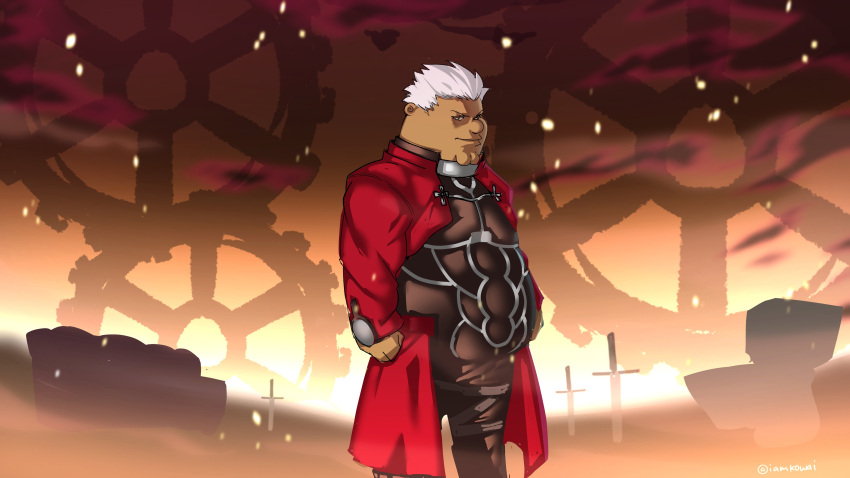1boy, absurdres, archer_(fate), archer_(fate)_(cosplay), cleft_chin, clenched_hand, coat, cosplay