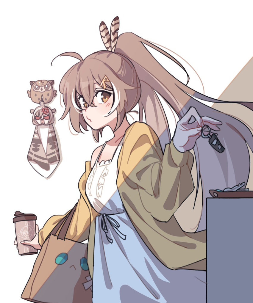 1girl, ahoge, alternate_costume, bag, blush, brmameng, brown_eyes, brown_hair