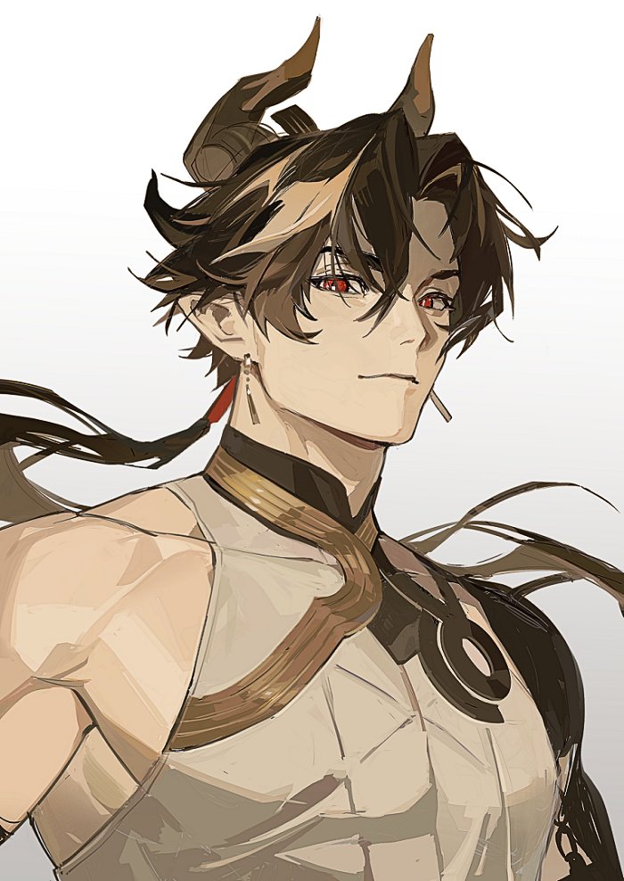 1boy, ameriya, arknights, black_hair, brown_hair, chong_yue_(arknights), commentary, dragon_boy