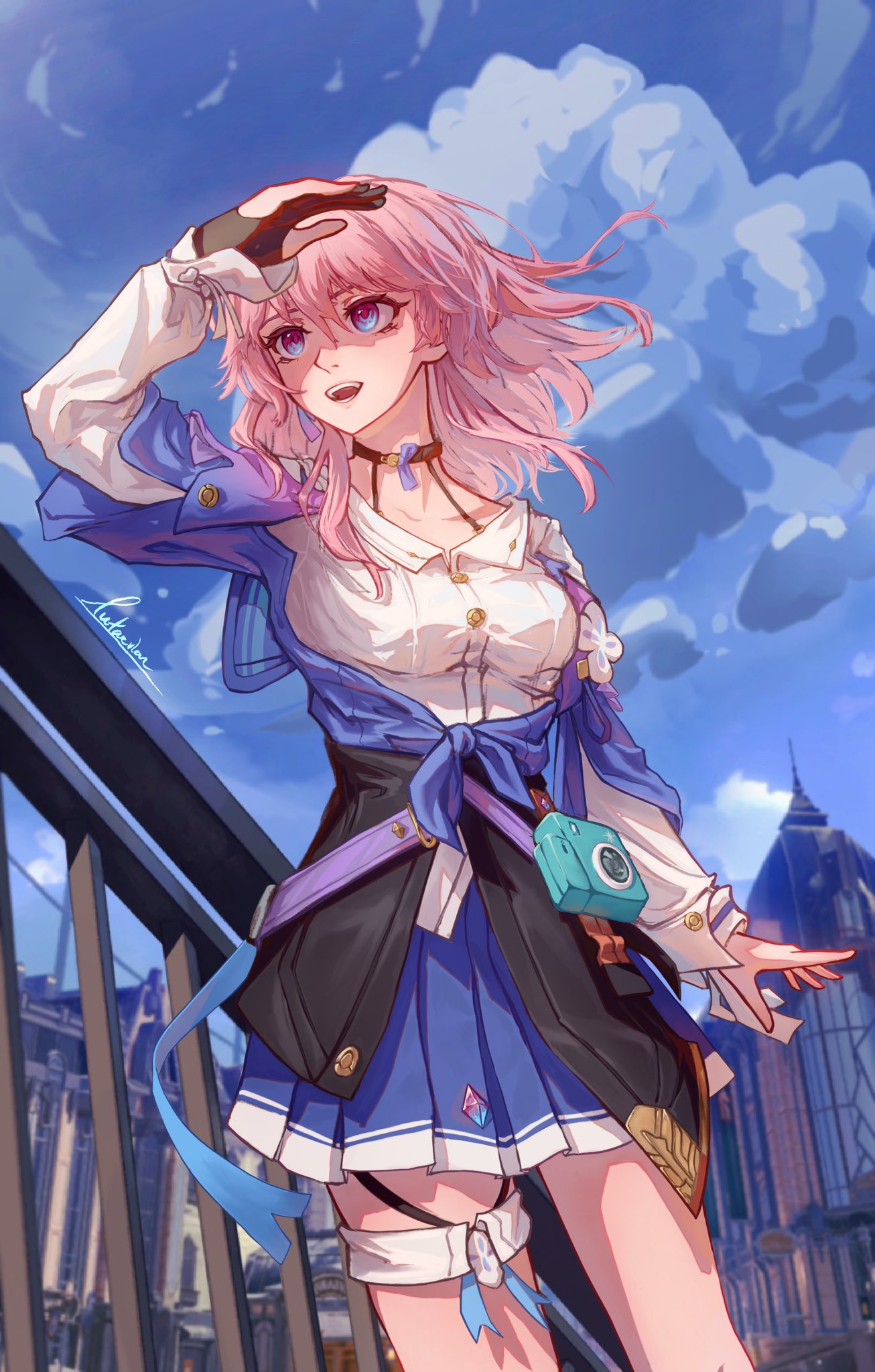 1girl, archery_shooting_glove, artist_name, black_choker, black_corset, black_gloves, blue_eyes, blue_jacket