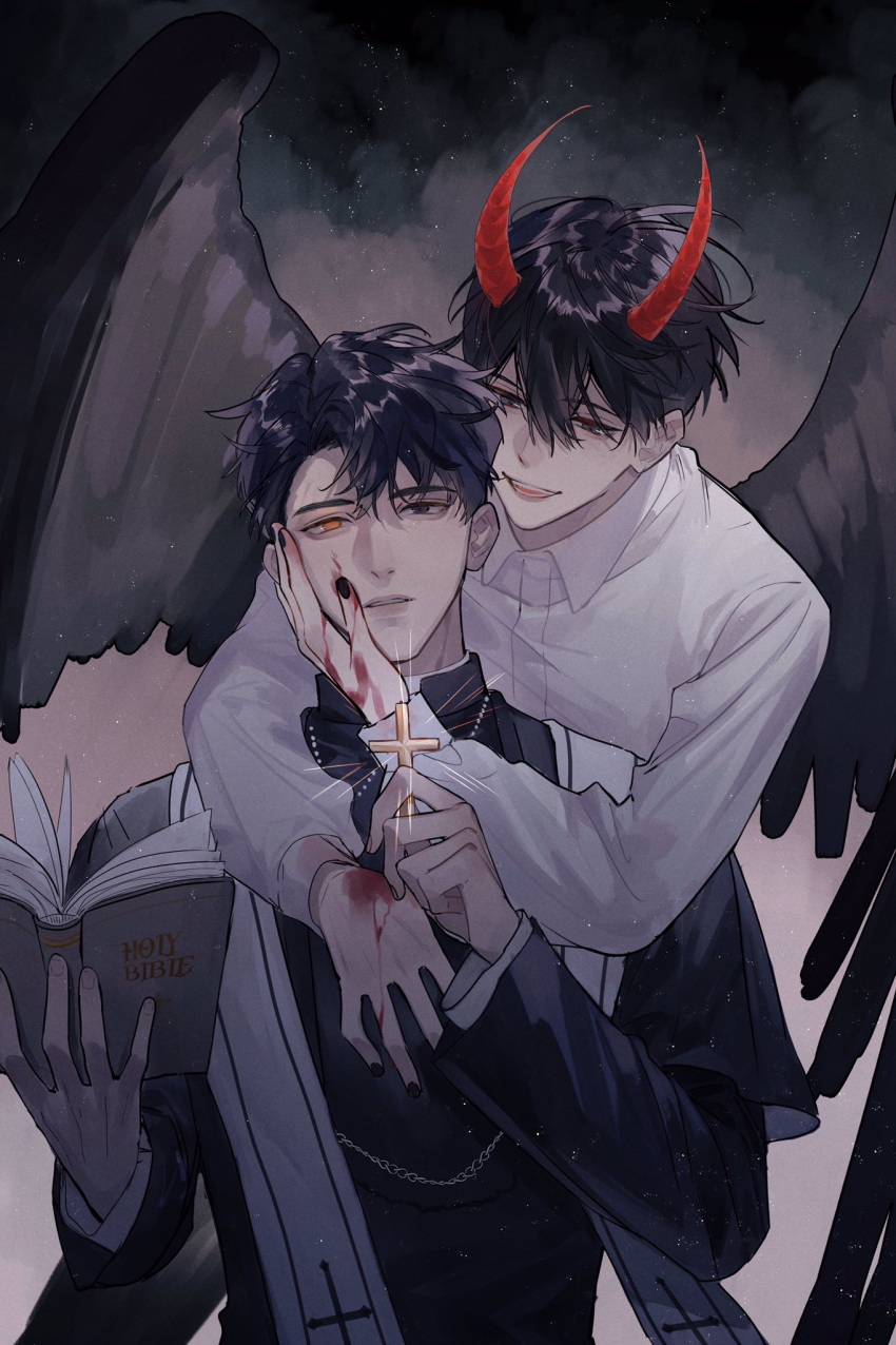 2boys, arms_around_neck, black_eyes, black_hair, black_nails, black_wings, blood, blood_on_hands