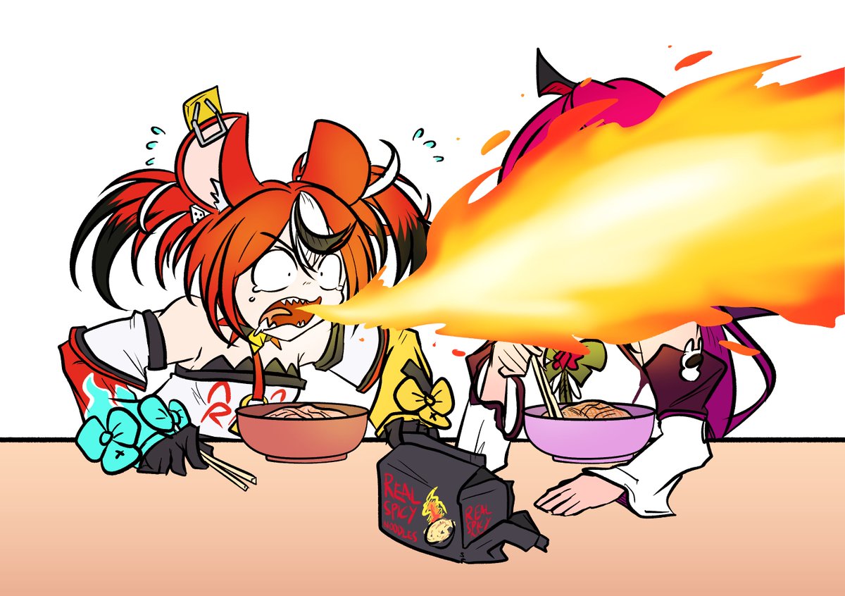 animal_ears, black_hair, blue_eyes, bowl, breathing_fire, chopsticks, emeruga, fire