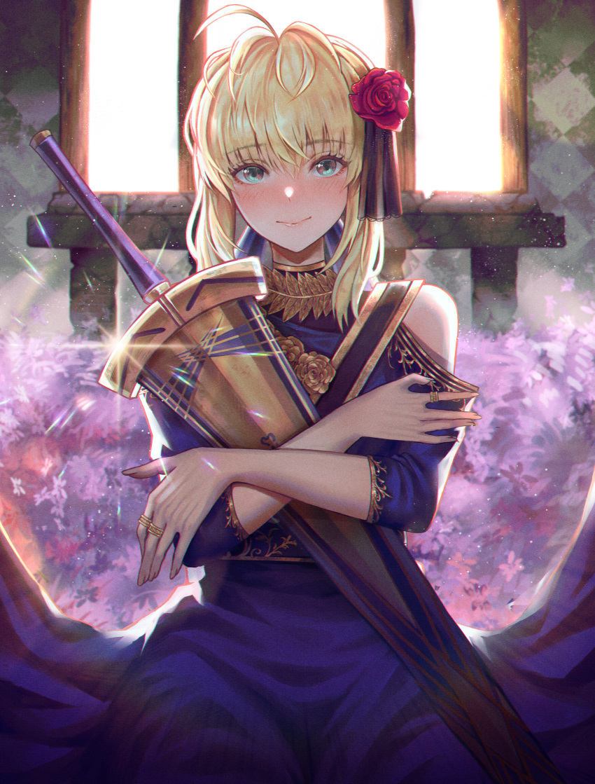 1girl, absurdres, ahoge, artoria_pendragon_(fate), blonde_hair, blush, dress, elker, fate/grand_order, fate/stay_night, fate_(series), flower, green_eyes, hair_between_eyes, hair_flower, hair_ornament, hair_ribbon, highres, holding, holding_weapon, jewelry, long_hair, looking_at_viewer, ribbon, ring, scabbard, sheath, smile, solo, sword, weapon