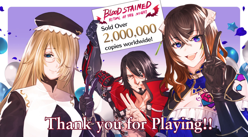 1boy, 2girls, artist_request, beard, bloodstained:_ritual_of_the_night, blue_eyes, breasts, brown_eyes