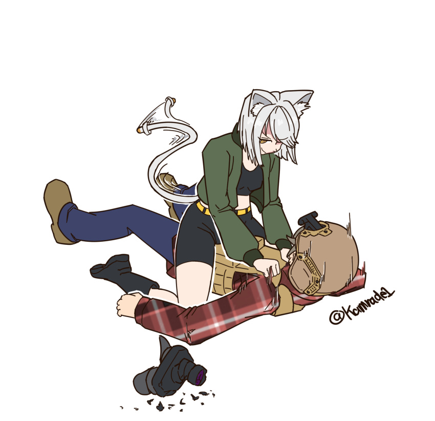 1boy, 1girl, animal_ear_fluff, animal_ears, belt, black_footwear, black_shirt, black_shorts, blue_pants, boots, broken, broken_goggles, brown_footwear, brown_hair, bulletproof_vest, cat_ears, cat_girl, cat_tail, combat_helmet, commentary, crop_top, cropped_jacket, english_commentary, gbu-12_paveway_ii, goggles, green_jacket, helmet, highres, jacket, kamrade, looking_at_another, military, motion_lines, night_vision_device, on_ground, on_person, original, pants, personification, plaid, plaid_shirt, pvs-7, red_shirt, shirt, shoes, short_hair, shorts, simple_background, smile, swept_bangs, tail, tomboy, twitter_username, white_background, white_hair, yellow_belt, yellow_eyes