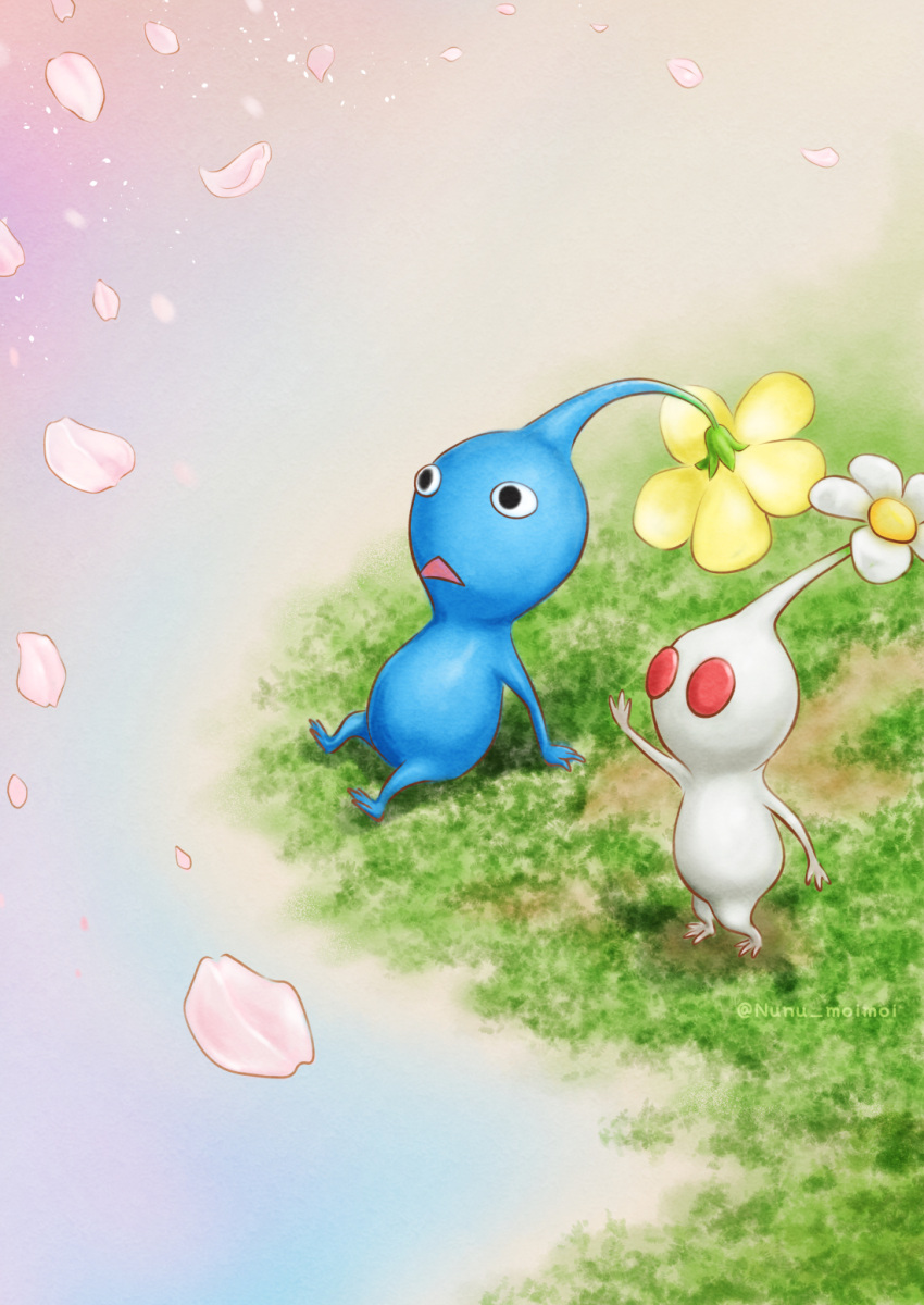 black_eyes, blue_pikmin, blue_skin, colored_skin, commentary_request, falling_petals, flower, hanami, highres, looking_ahead, moss, no_humans, nunu-moimoi, outdoors, outstretched_arm, petals, pikmin_(creature), pikmin_(series), pikmin_4, red_eyes, shadow, shore, sitting, solid_circle_eyes, triangle_mouth, twitter_username, white_flower, white_pikmin, white_skin, yellow_flower
