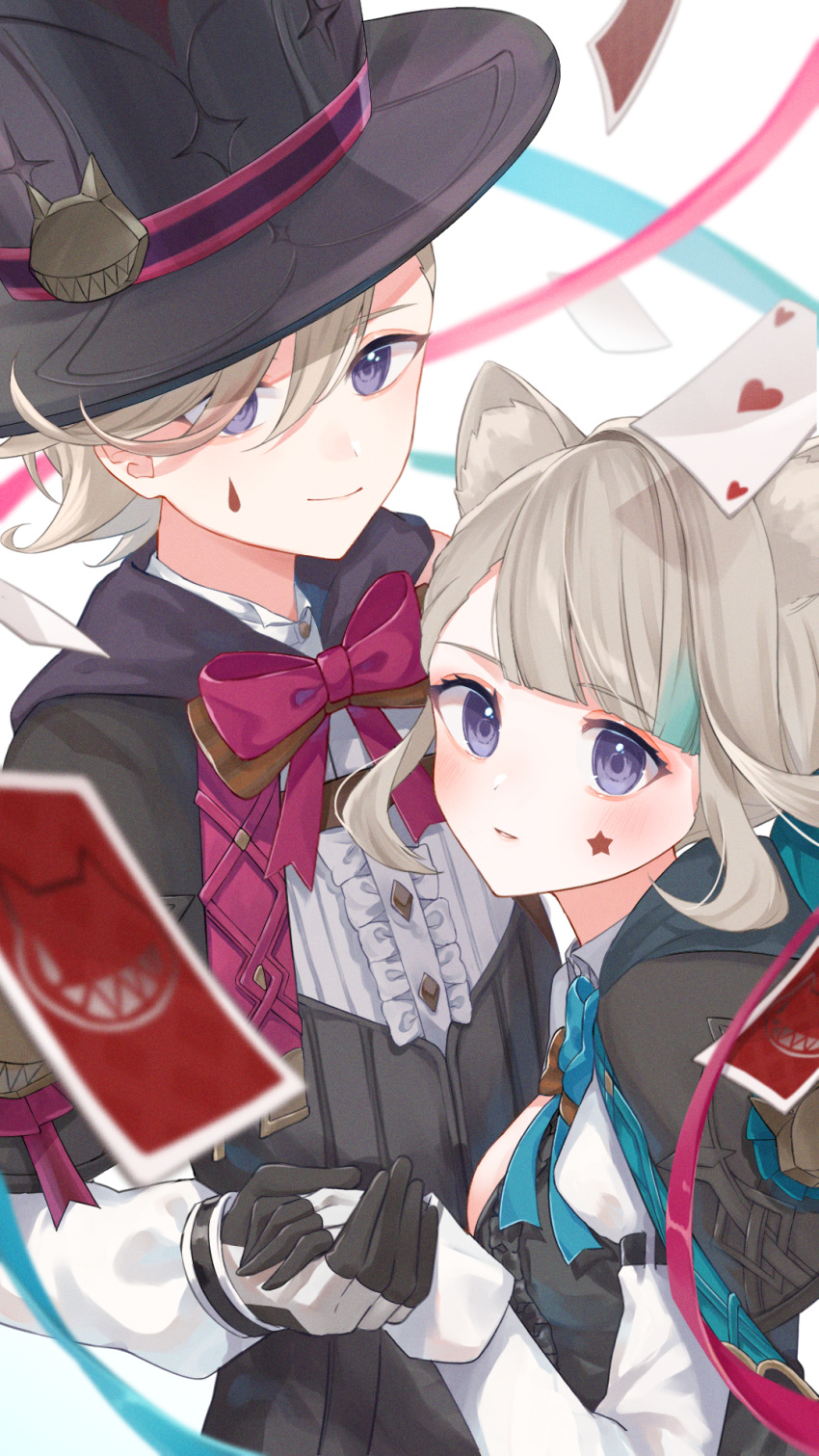 1boy, 1girl, amakami_konomi_(artist), animal_ears, aqua_bow, black_headwear, bow, brother_and_sister, card, cat_ears, cat_girl, cat_tail, closed_mouth, facial_tattoo, genshin_impact, hat, highres, holding_hands, juliet_sleeves, light_brown_hair, long_hair, long_sleeves, looking_at_viewer, lynette_(genshin_impact), lyney_(genshin_impact), puffy_sleeves, red_bow, siblings, smile, star_tattoo, tail, tattoo, teardrop_tattoo, top_hat, twins, two-tone_gloves, upper_body, violet_eyes
