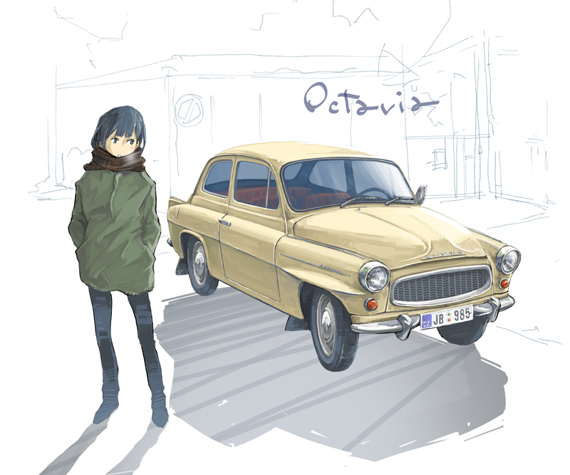 1girl, black_eyes, black_hair, black_pants, blush_stickers, breath, car, commentary_request, green_jacket, jacket, jettoburikku, license_plate, looking_at_object, motor_vehicle, original, pants, scarf, shadow, sketch_background, skoda, skoda_octavia, solo, vehicle_focus, vehicle_name