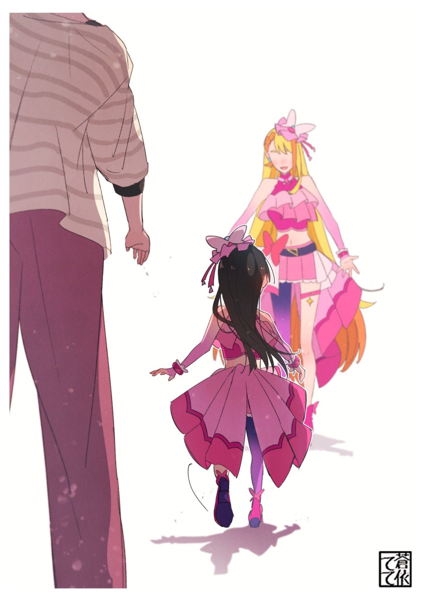 1other, 2girls, artist_name, asymmetrical_bangs, belt, black_belt, black_hair, blonde_hair, boots, bow_skirt, braid, braided_bangs, butterfly_hat_ornament, commentary, cosplay, cure_butterfly, cure_butterfly_(cosplay), detached_sleeves, faceless, faceless_female, frilled_shirt, frills, hat, hat_ornament, highres, hirogaru_sky!_precure, long_hair, looking_at_another, magical_girl, microskirt, midriff, motion_lines, multiple_girls, open_mouth, outstretched_arms, pantyhose, parent_and_child, pink_footwear, pink_headwear, pink_shirt, pink_skirt, pink_sleeves, pleated_skirt, precure, purple_pantyhose, running, shadow, shirt, signature, single_leg_pantyhose, skirt, sleeveless, sleeveless_shirt, smile, standing, tete_a, thigh_strap, tilted_headwear, very_long_hair