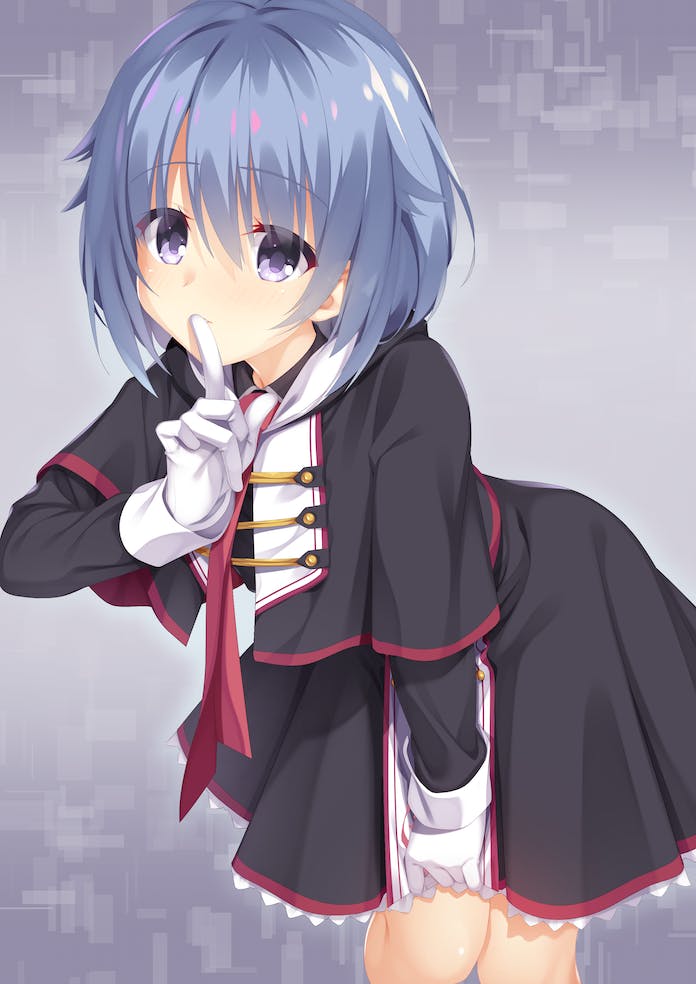 1boy, 8kumagawa_(log), arihara_nanami, arihara_nanami_(cosplay), black_capelet, black_dress, blue_hair, blush
