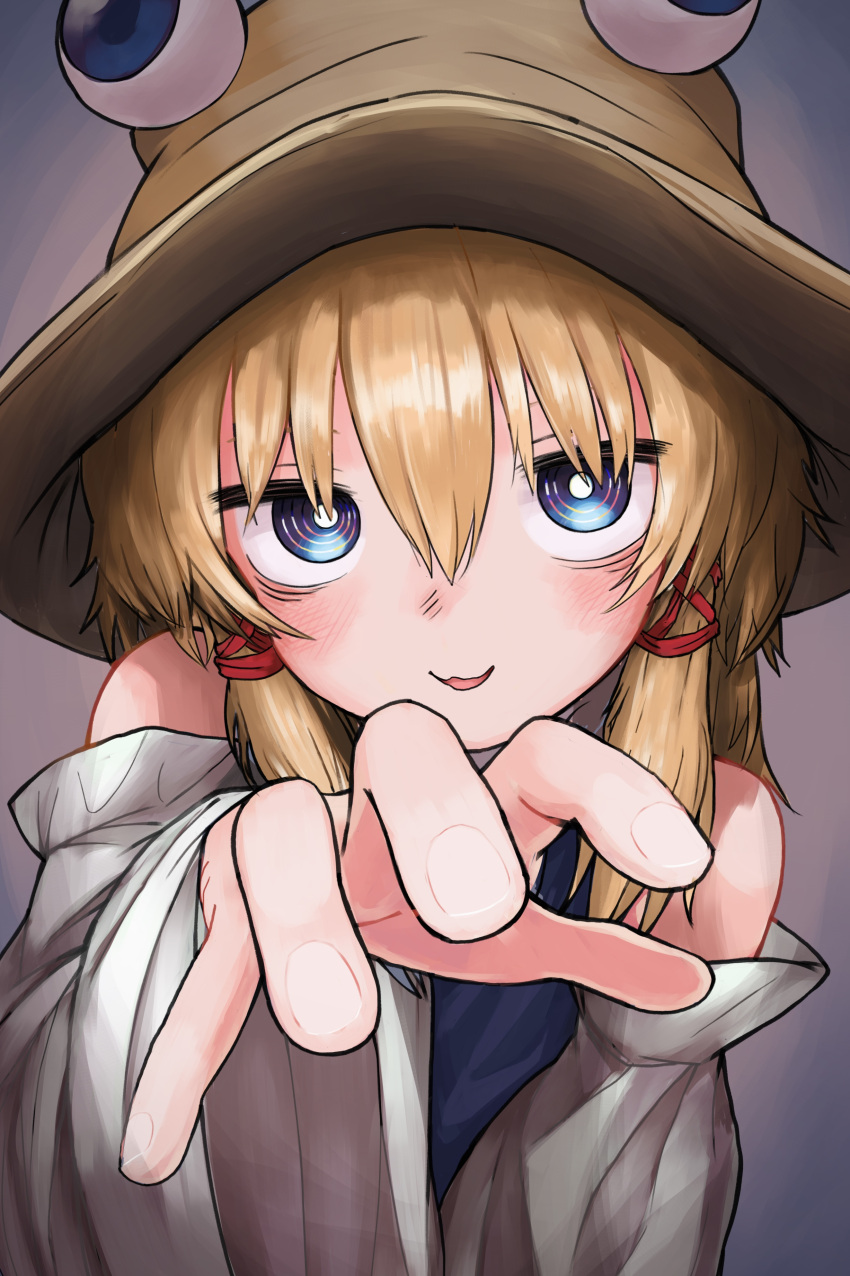 1girl, absurdres, bare_shoulders, blonde_hair, blue_eyes, brown_headwear, detached_sleeves, hair_between_eyes, hair_ribbon, hat, highres, long_hair, moriya_suwako, neritch, open_mouth, purple_vest, reaching, reaching_towards_viewer, red_ribbon, ribbon, shirt, smile, solo, touhou, tress_ribbon, upper_body, vest, white_shirt, white_sleeves, wide_sleeves
