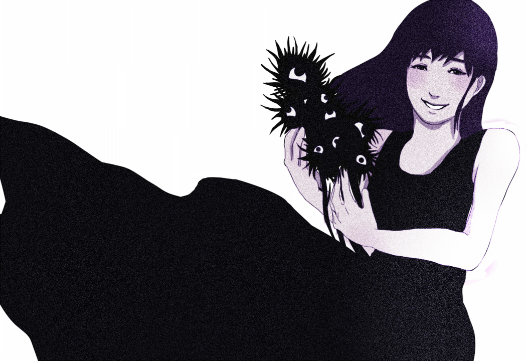 1girl, aku_no_hana, black_dress, black_hair, dress, greyscale, long_hair, looking_at_viewer, maymaymay10, monochrome, saeki_nanako, simple_background, smile, solo