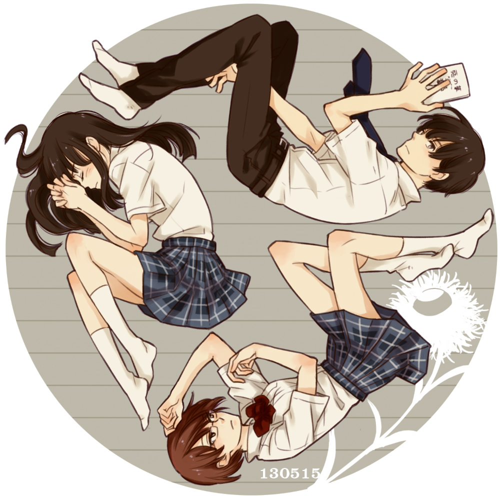 1boy, 2girls, aku_no_hana, arm_between_legs, blue_necktie, blue_skirt, book, bow