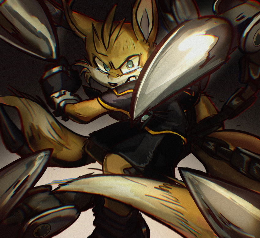 1boy, animal_ears, animal_nose, black_shirt, black_shorts, blue_eyes, body_fur, chromatic_aberration