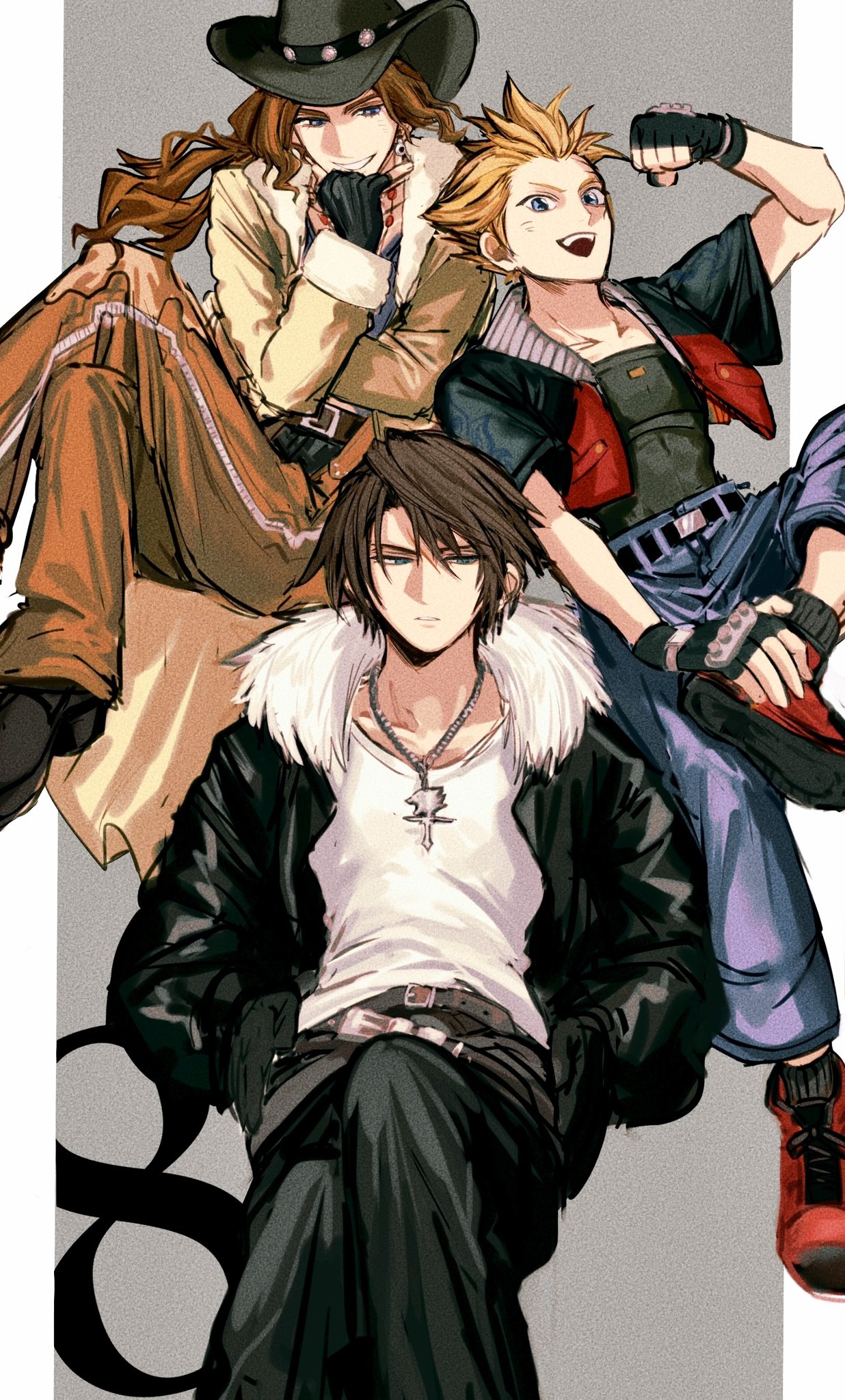 3boys, arm_up, belt, belt_buckle, black_belt, black_gloves, black_headwear, black_jacket, black_pants, black_shirt, blue_eyes, blue_shirt, brown_hair, buckle, chaps, clenched_hand, coat, cowboy, cowboy_hat, cropped_jacket, crossed_arms, denim, earrings, final_fantasy, final_fantasy_viii, fingerless_gloves, frown, fur-trimmed_jacket, fur_trim, gloves, grin, hand_on_own_chin, hand_on_own_face, hand_on_own_foot, hands_in_pockets, hat, highres, irvine_kinneas, jacket, jeans, jewelry, leather, leather_belt, leather_pants, long_coat, long_hair, male_focus, multiple_belts, multiple_boys, necklace, nishinsobha, open_clothes, open_coat, open_jacket, open_mouth, pants, red_footwear, scar, scar_on_face, scowl, shirt, shoes, short_hair, short_sleeves, simple_background, sitting, sleeve_cuffs, smile, spiked_gloves, spiky_hair, squall_leonhart, wavy_hair, white_shirt, zell_dincht