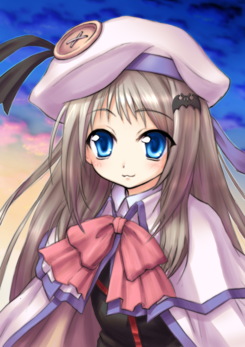 absurdres, blonde_hair, blue_eyes, cape, fang, highres, kanran, little_busters!!, long_hair, noumi_kudryavka, school_uniform