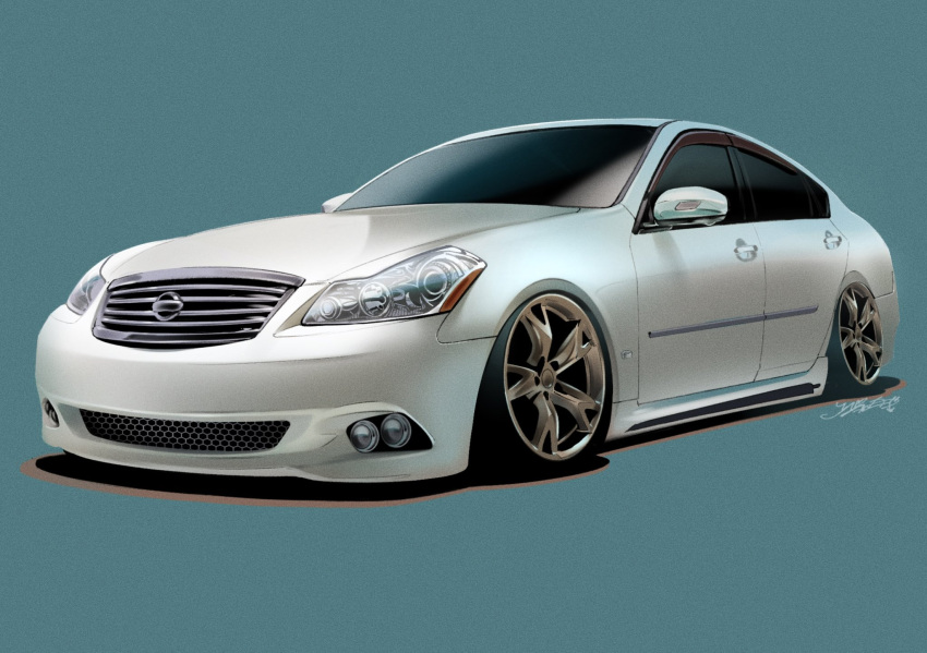 blue_background, car, highres, island_(isiand_), motor_vehicle, nissan, nissan_fuga, no_humans, original, shadow, signature, simple_background, stance_(vehicle), vehicle_focus