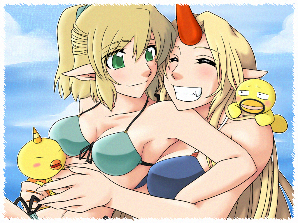 bikini, blonde_hair, breasts, cleavage, crossover, ebz, front-tie_top, gif_artifacts, green_eyes, grin, higepiyo, higepiyo_(character), horn, horns, hoshiguma_yuugi, kisuke_(ojarumaru), long_hair, mizuhashi_parsee, multiple_girls, neko_majin, ojarumaru, pointy_ears, short_hair, side-tie_bikini, smile, swimsuit, touhou