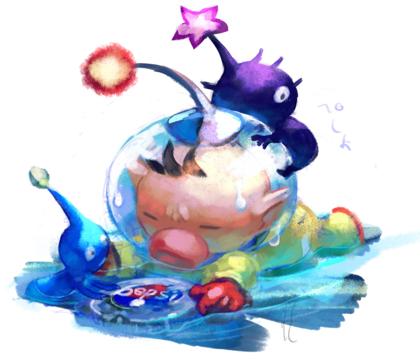 1boy, alien, big_nose, black_eyes, blue_pikmin, blue_skin, bottle_cap, brown_hair