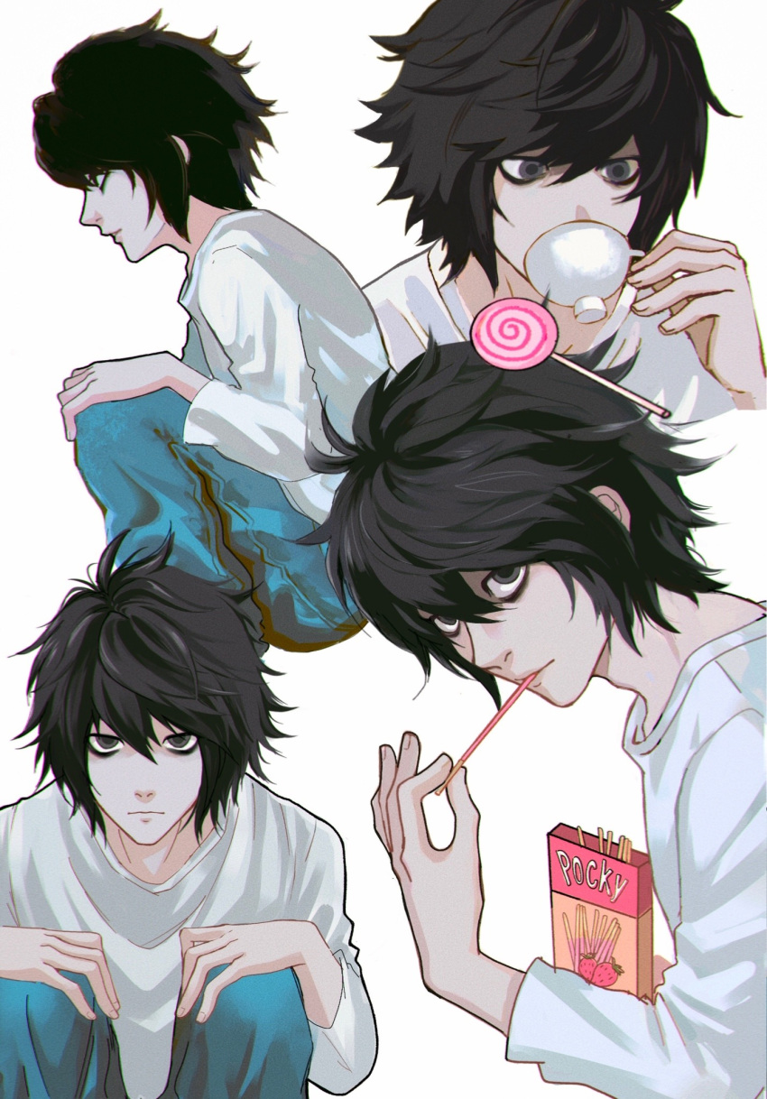 1boy, bags_under_eyes, black_eyes, black_hair, candy, commentary, cup, death_note