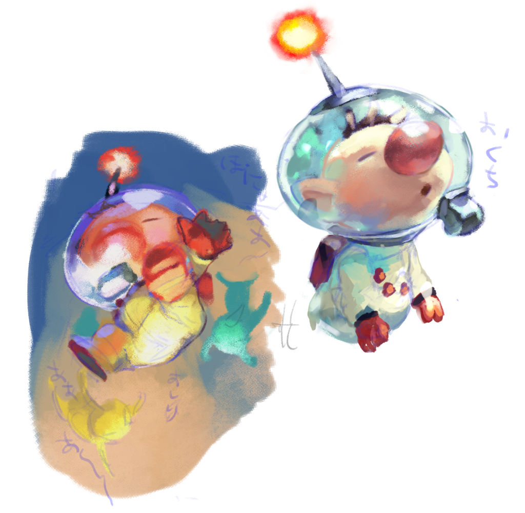 1boy, alien, backpack, bag, big_nose, blue_pikmin, blue_skin, brown_hair