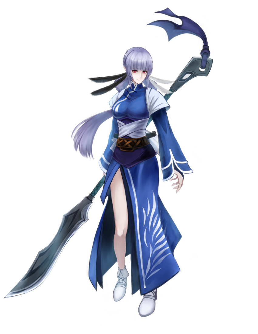 1girl, absurdres, akito1218, blue_dress, breasts, china_dress, chinese_clothes, dress, feather_hair_ornament, feathers, full_body, grey_hair, hair_ornament, highres, holding, holding_polearm, holding_weapon, long_hair, long_sleeves, looking_at_viewer, mikoto_(samurai_spirits), polearm, red_eyes, samurai_spirits, simple_background, solo, standing, weapon, white_background, white_footwear