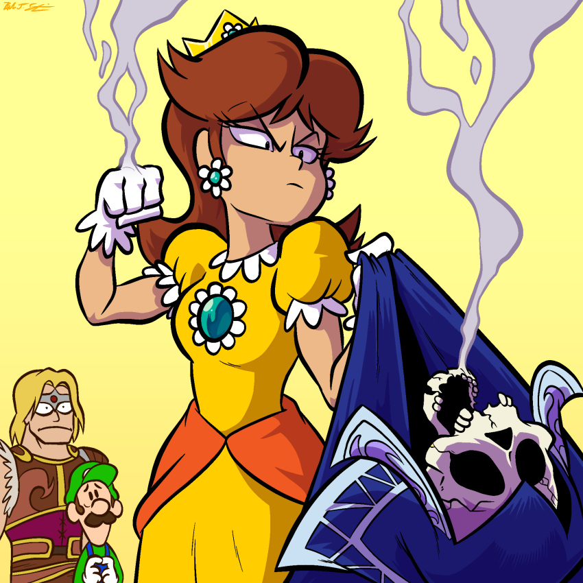 1girl, 2boys, blonde_hair, blue_overalls, brown_hair, castlevania, comedy, crown