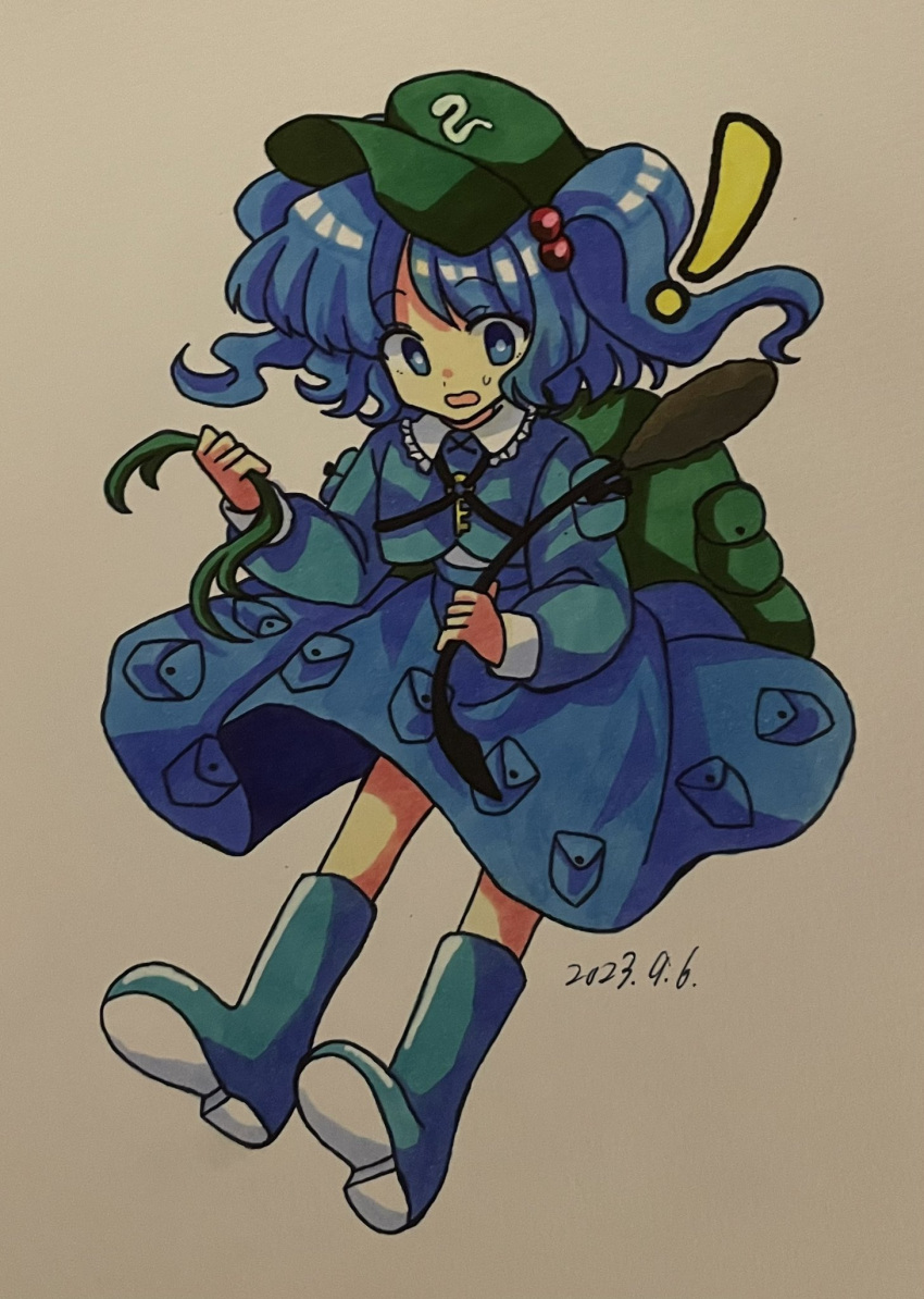 !, 1girl, backpack, bag, blue_eyes, blue_footwear, blue_hair, blue_shirt