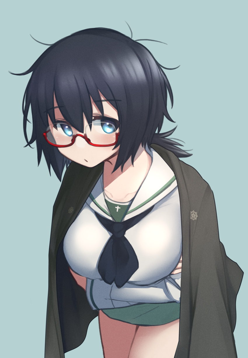 1girl, absurdres, black_eyes, black_hair, black_haori, black_neckerchief, blouse, blue_background, blush, breast_hold, breasts, closed_mouth, commentary, cowboy_shot, girls_und_panzer, glasses, green_skirt, haori, highres, japanese_clothes, large_breasts, leaning_forward, light_frown, long_sleeves, looking_at_viewer, m1saki_1, medium_hair, messy_hair, miniskirt, neckerchief, ooarai_school_uniform, oryou_(girls_und_panzer), pleated_skirt, red-framed_eyewear, sailor_collar, sakamoto_clan_(emblem), school_uniform, semi-rimless_eyewear, serafuku, shirt, short_ponytail, simple_background, skirt, solo, standing, under-rim_eyewear, white_sailor_collar, white_shirt
