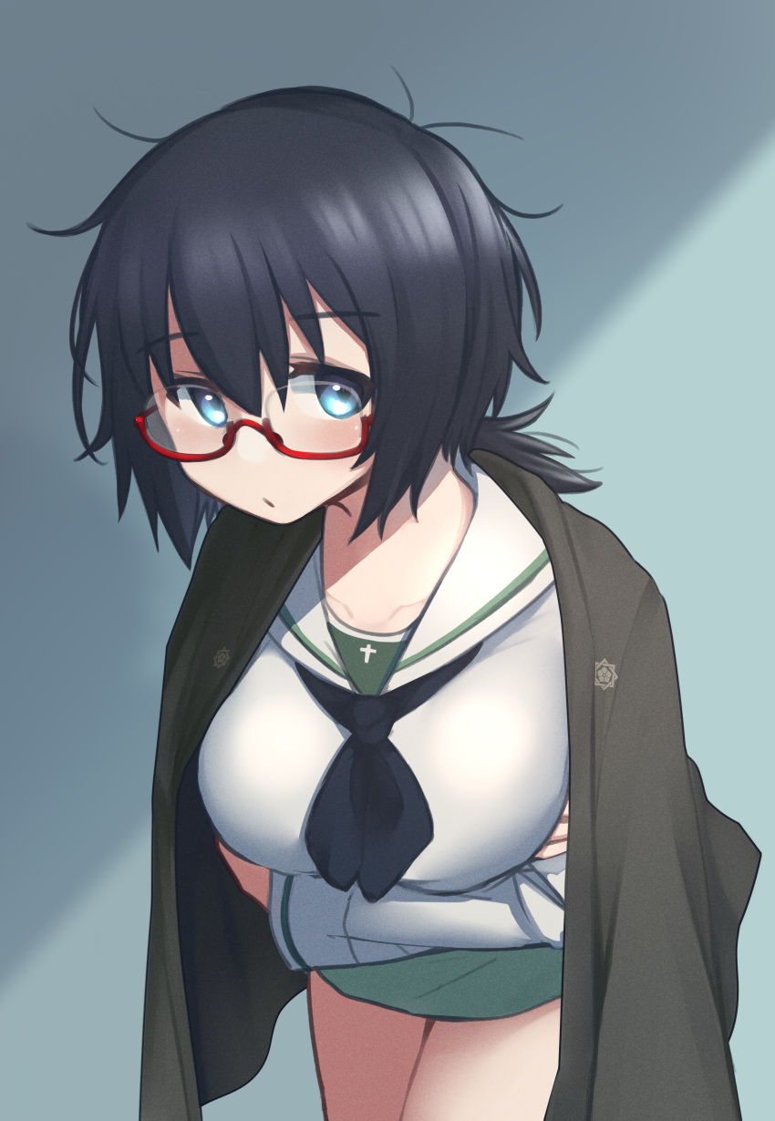 1girl, absurdres, black_eyes, black_hair, black_haori, black_neckerchief, blouse, blue_background