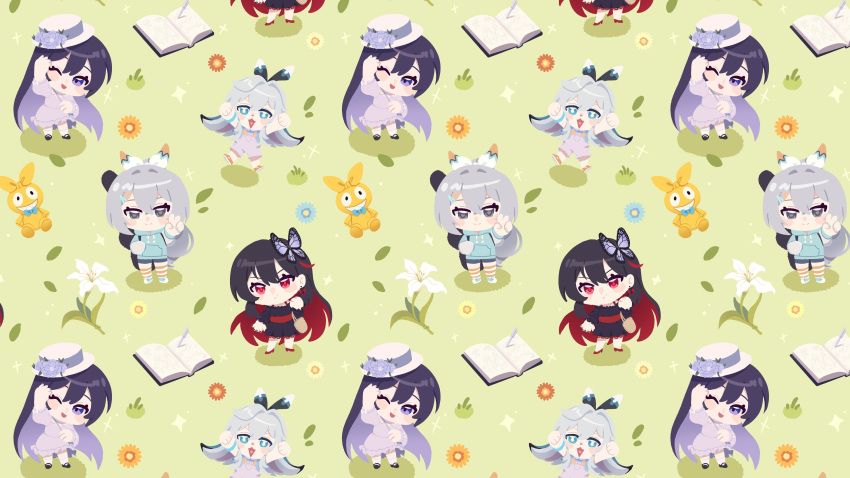 4girls, ;d, absurdres, black_dress, black_footwear, black_hair, black_shorts, blue_hoodie, blue_nails, book, bronya_zaychik, butterfly_hair_ornament, character_request, chibi, closed_mouth, dress, flower, frilled_dress, frills, grass, grey_eyes, grey_hair, hair_between_eyes, hair_ornament, heart, heart_in_mouth, high_heels, highres, homu_(honkai_impact), honkai_(series), honkai_impact_3rd, hood, hood_down, hoodie, multicolored_hair, multiple_girls, nail_polish, off-shoulder_dress, off_shoulder, one_eye_closed, open_book, orange_footwear, overall_shorts, overalls, p3achsalt, purple_dress, purple_hair, recurring_image, red_eyes, red_footwear, redhead, seele_(alter_ego), seele_vollerei, shoes, shorts, smile, socks, striped, striped_thighhighs, thigh-highs, tilted_headwear, two-tone_hair, v, v-shaped_eyebrows, violet_eyes, white_flower, white_headwear, white_socks