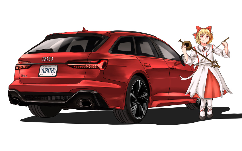 1girl, absurdres, audi, audi_a6, audi_rs6, black_footwear, blonde_hair, bow