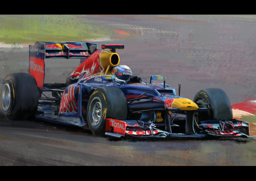 1boy, absurdres, blue_headwear, car, driving, formula_one, formula_racer, helmet