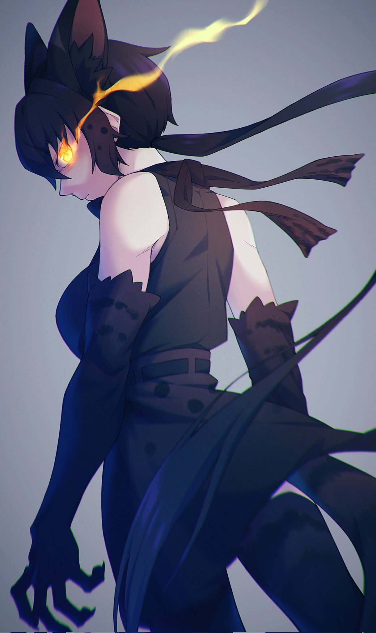 1girl, animal_ears, belt, black_hair, black_serval_(kemono_friends), bow, bowtie, cat_ears, cat_girl, cat_tail, elbow_gloves, extra_ears, gloves, grey_background, hauru_252, highres, kemono_friends, kneehighs, long_hair, looking_at_viewer, looking_back, shirt, simple_background, skirt, sleeveless, sleeveless_shirt, socks, solo, tail, yellow_eyes
